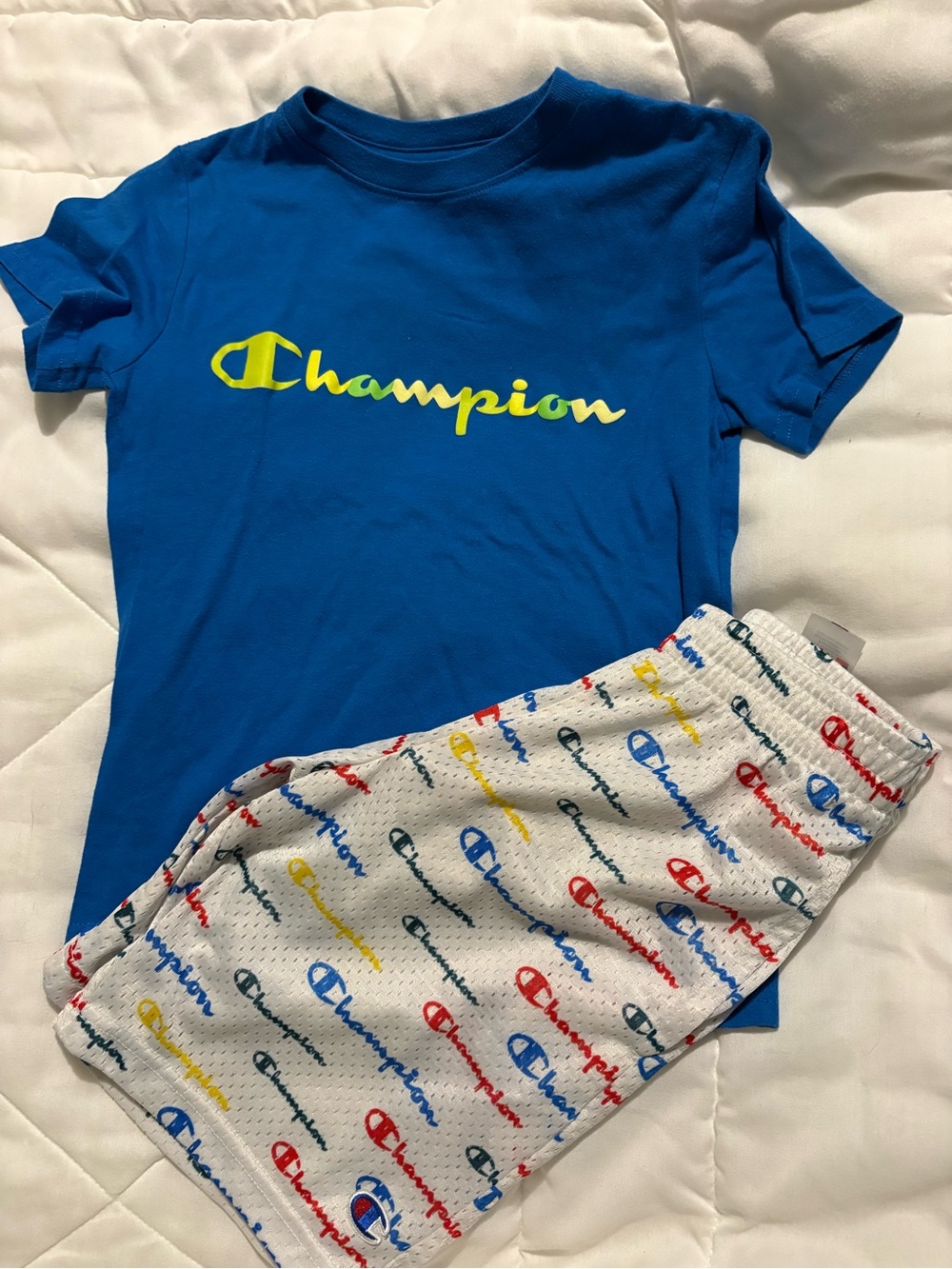 Champion Blue Tee with Multi-Color Logo Script shorts